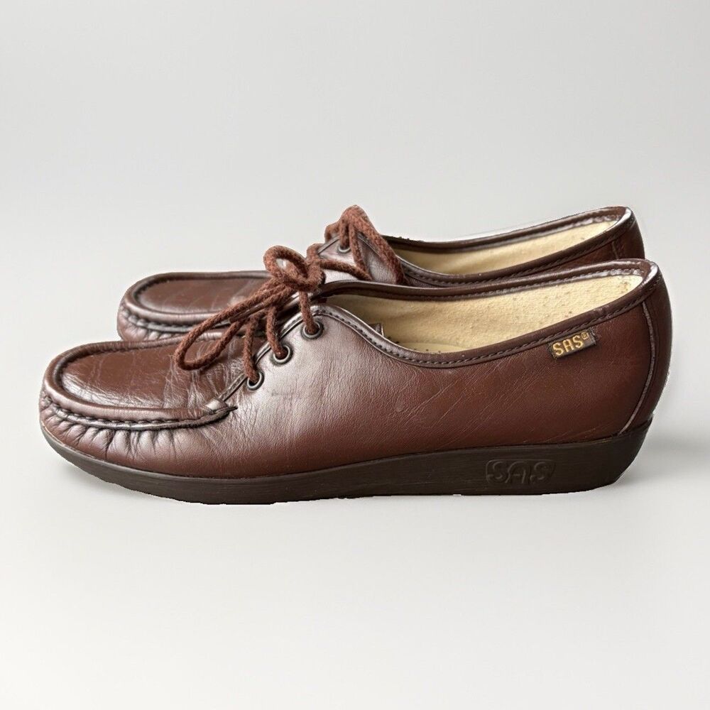 SAS Siesta Womens 7.5 Brown Leather Lace Up Comfort Walking Shoes Loafers